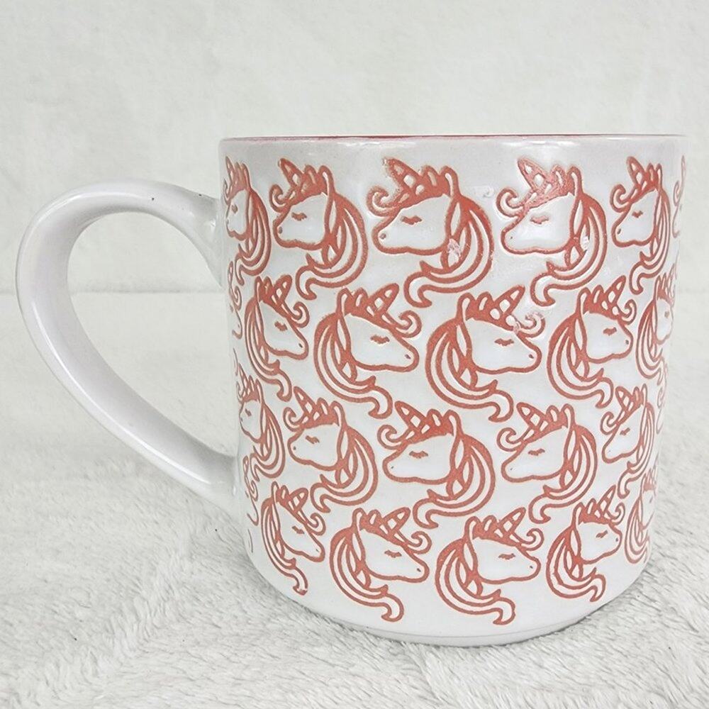 Graydon Hall Pink Unicorn Coffee Mug Allover Embossed  in Peach and White. EUC